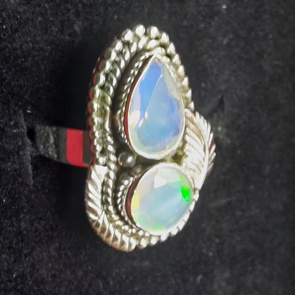 Ethiopian Opal Teardrop & Round Cut Sterling Silver Statement Ring - Picture 4 of 16